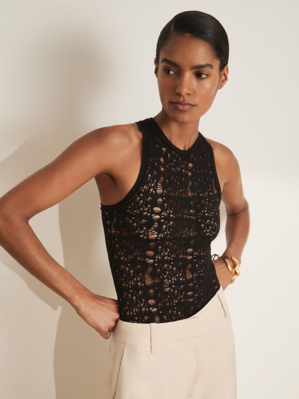 Reiss Atelier Lace-Knit High-Neck Bodysuit In Black