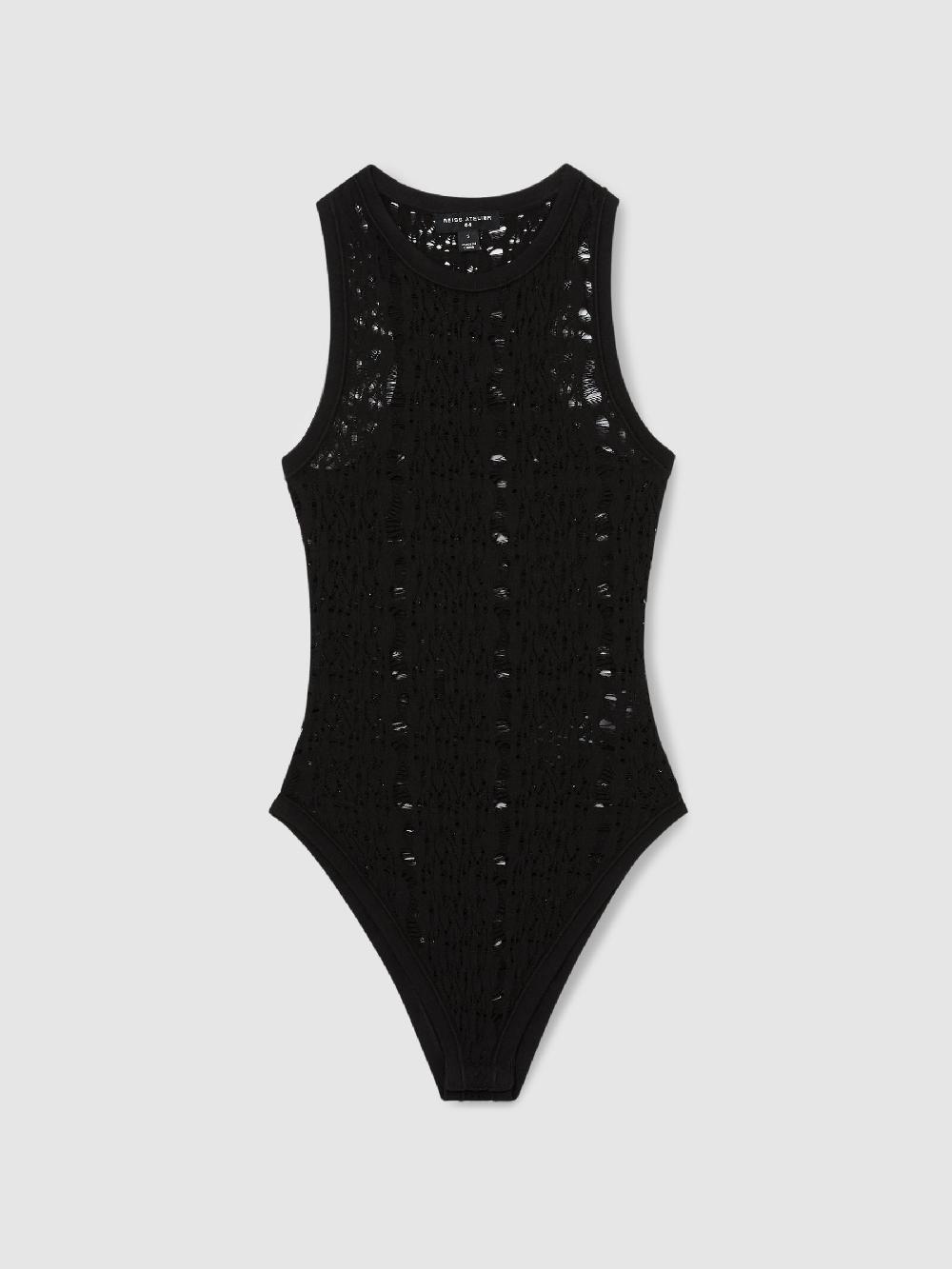 Reiss Atelier Lace-Knit High-Neck Bodysuit In Black