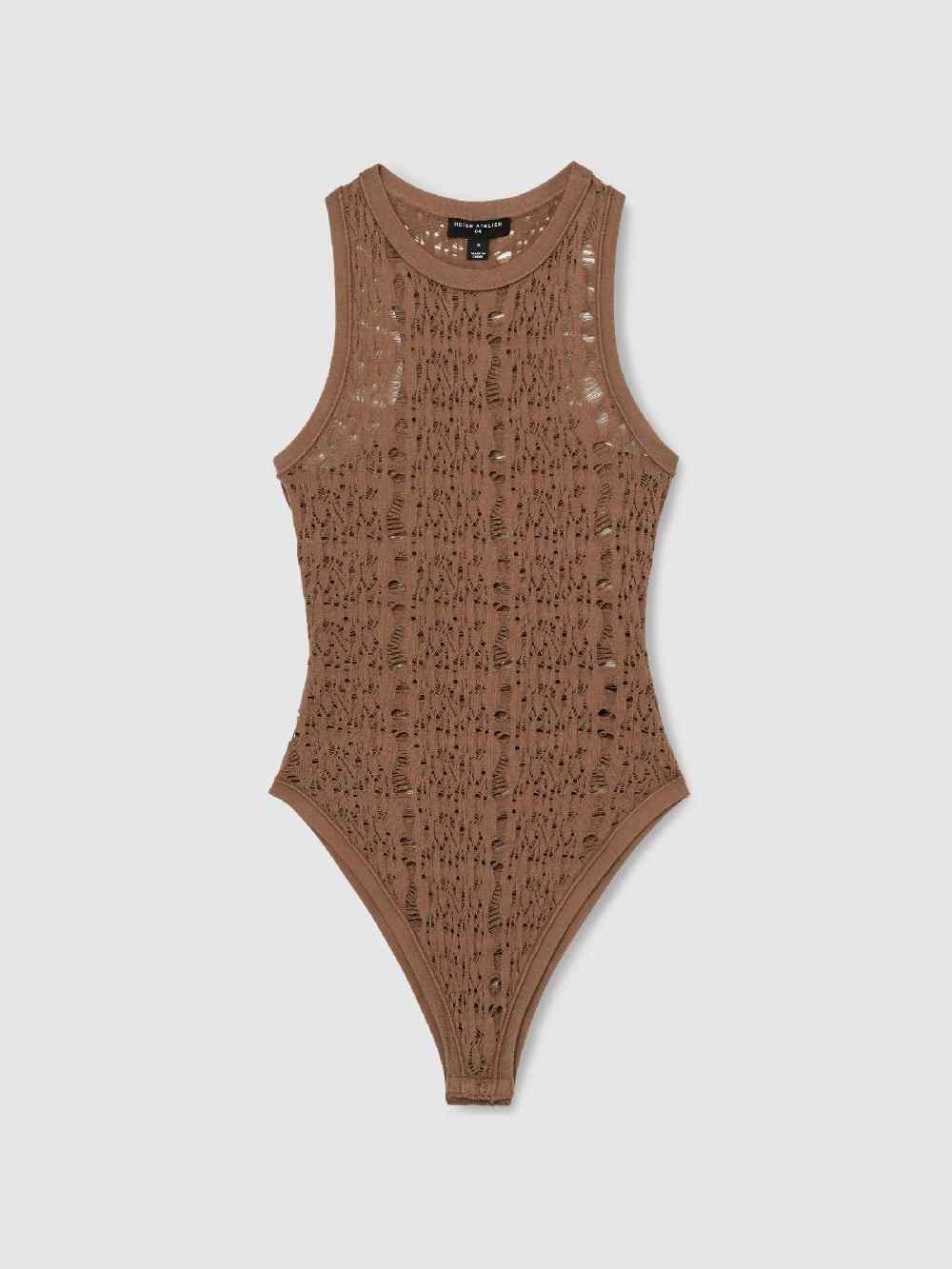 Reiss Atelier Lace-Knit High-Neck Bodysuit In Taupe