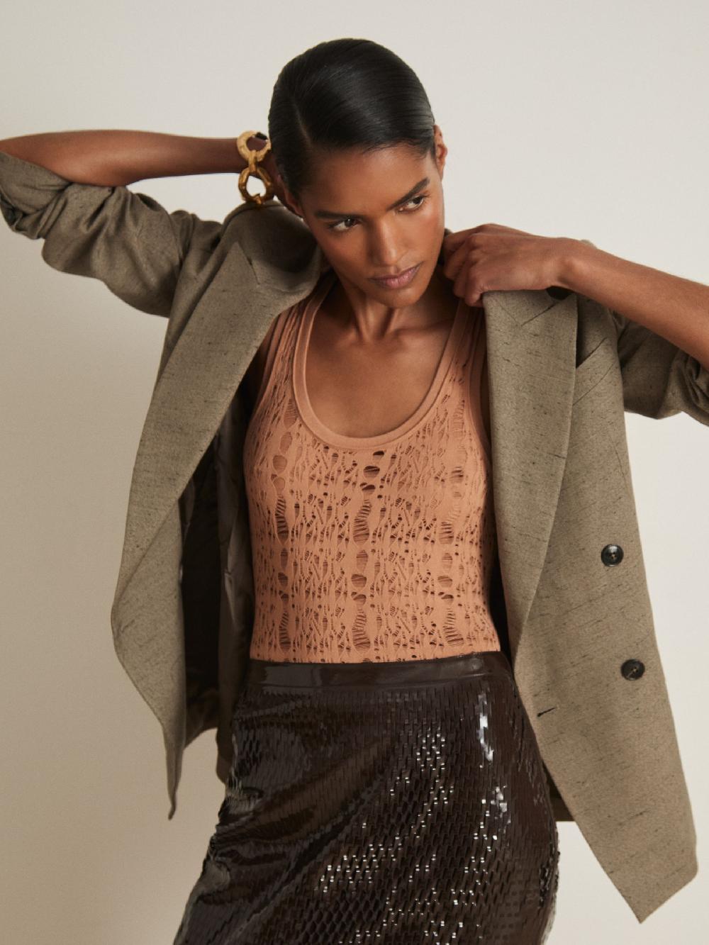 Reiss Atelier Ladder Knit High Neck Bodysuit In Tan