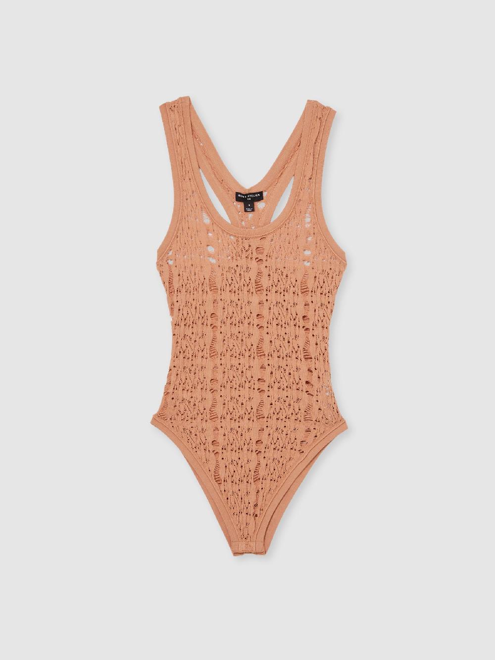 Reiss Atelier Ladder Knit High Neck Bodysuit In Tan