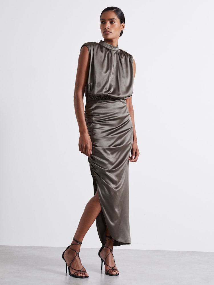 reiss Atelier Ruched Silk-Blend Satin Dress in Silver