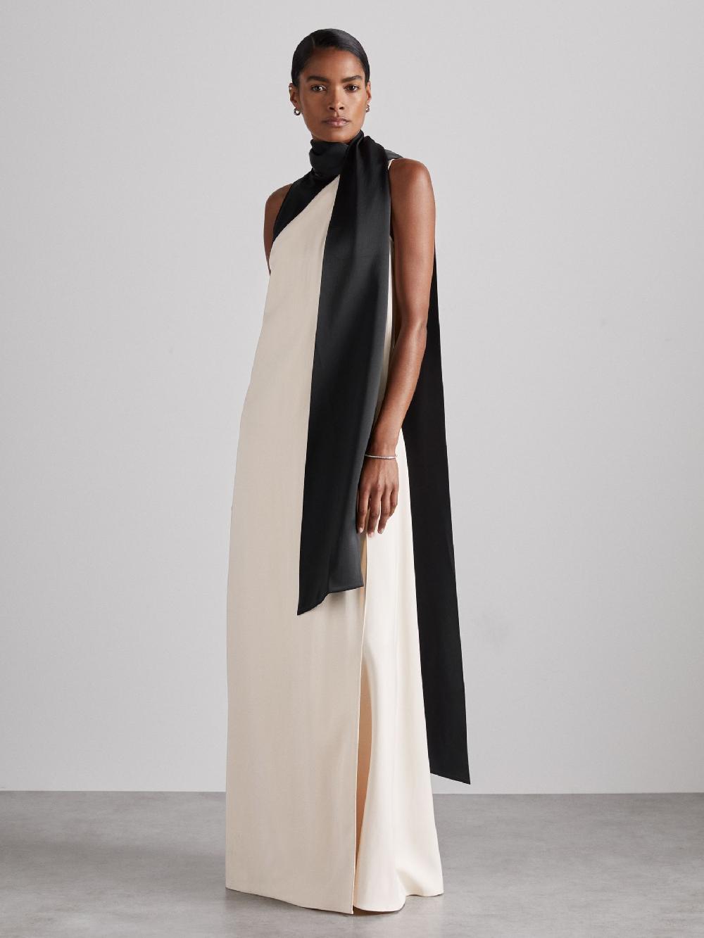 Reiss Atelier Sash-Neck Satin Occasion Dress In Black/Ivory