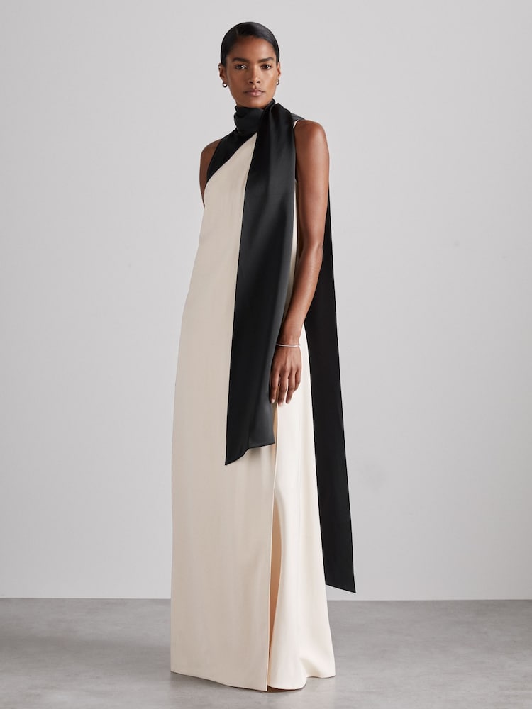 reiss Atelier Sash-Neck Satin Occasion Dress in Black/Ivory