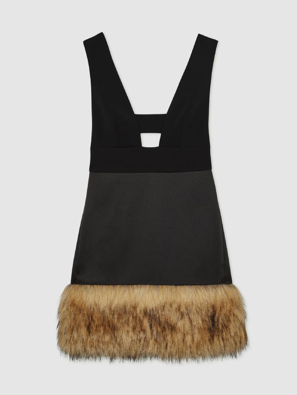 Reiss Atelier Satin Faux-Fur Trim Mini Dress In Black