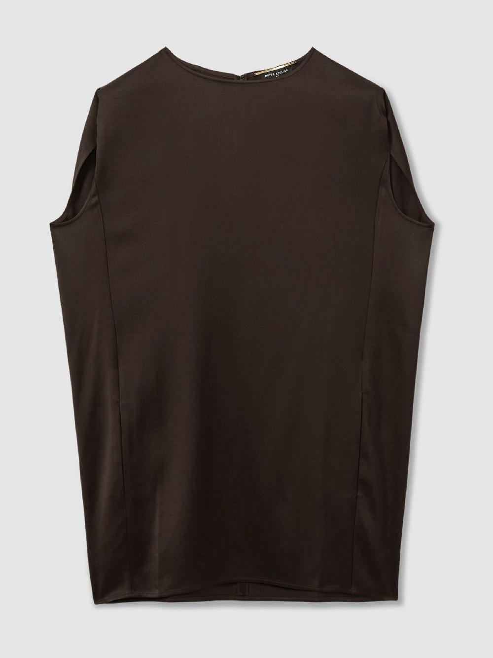 Reiss Atelier Satin Tunic Top With Wool In Chocolate