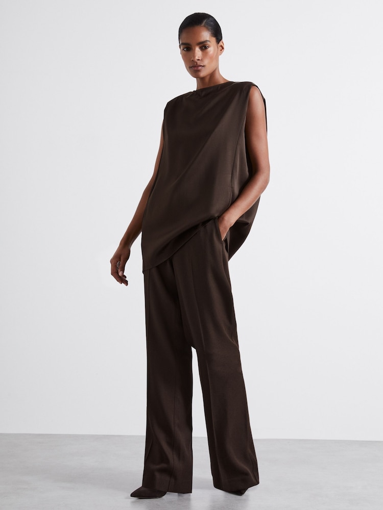 reiss Atelier Satin Tunic Top with Wool in Chocolate