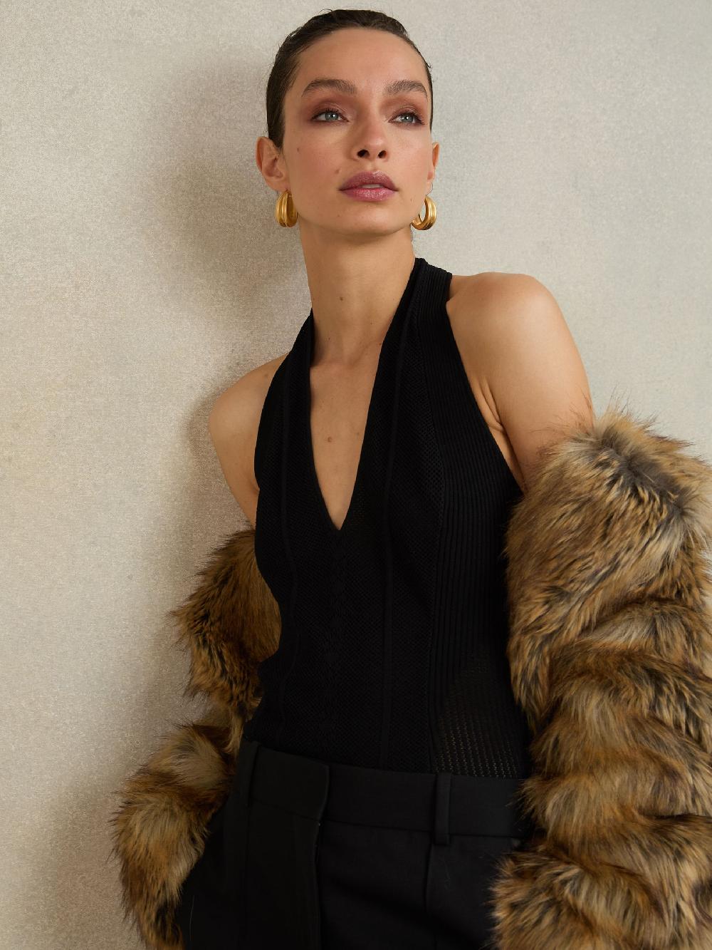 Reiss Atelier Stitch-Detail Halter Bodysuit In Black