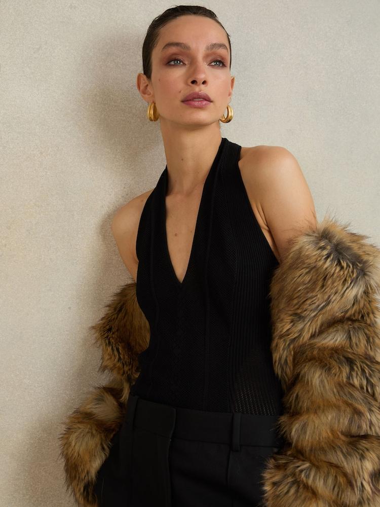 reiss Atelier Stitch-Detail Halter Bodysuit in Black
