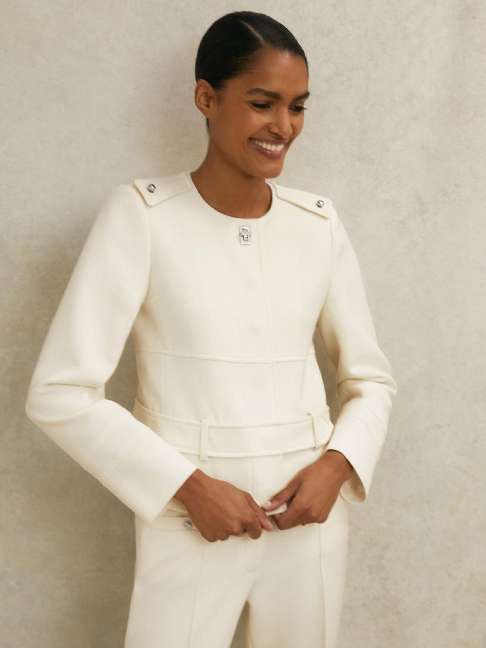Reiss Atelier Wool Collarless Belted Jacket In White