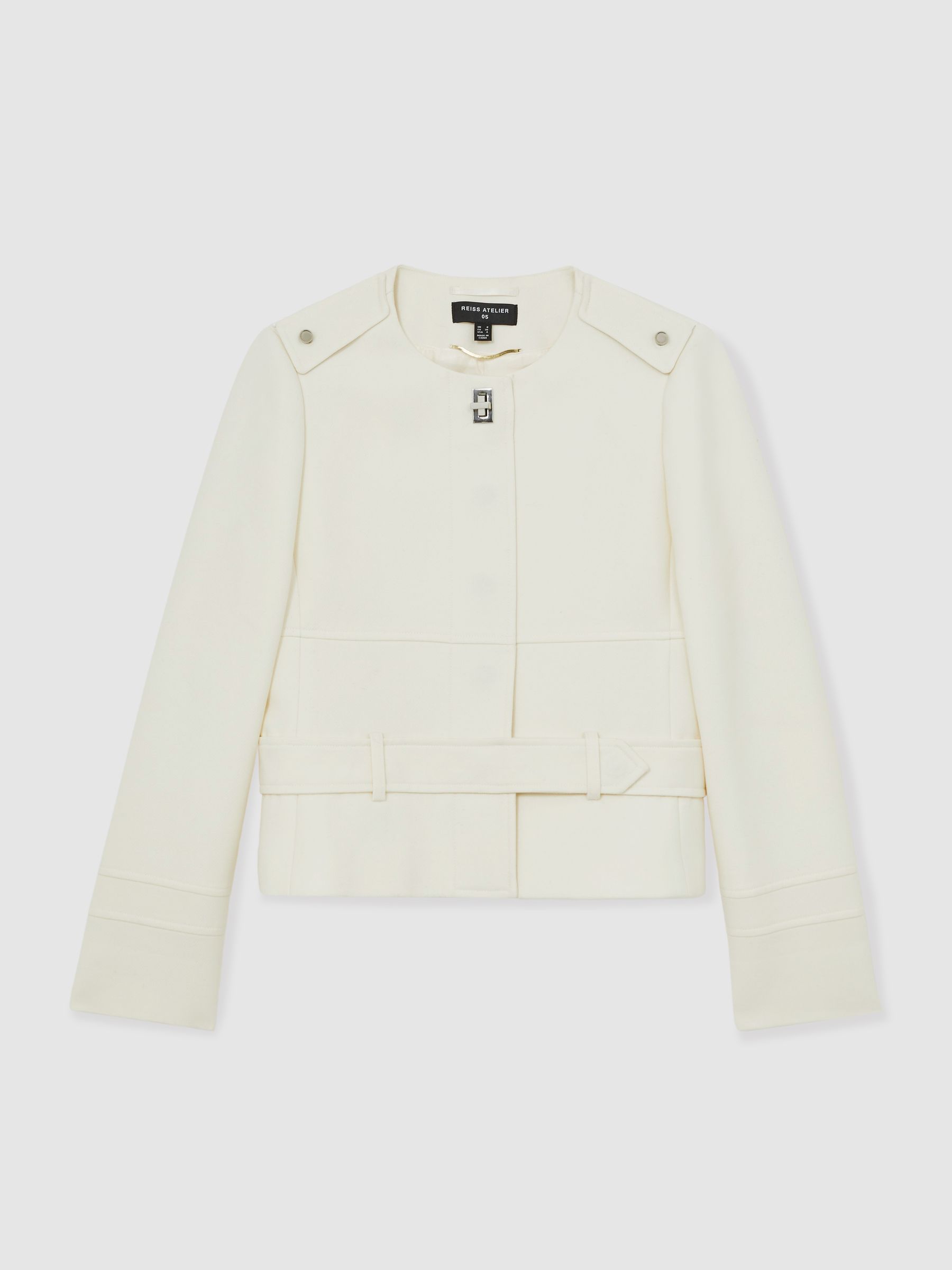 Reiss Atelier Wool Collarless Belted Jacket In White