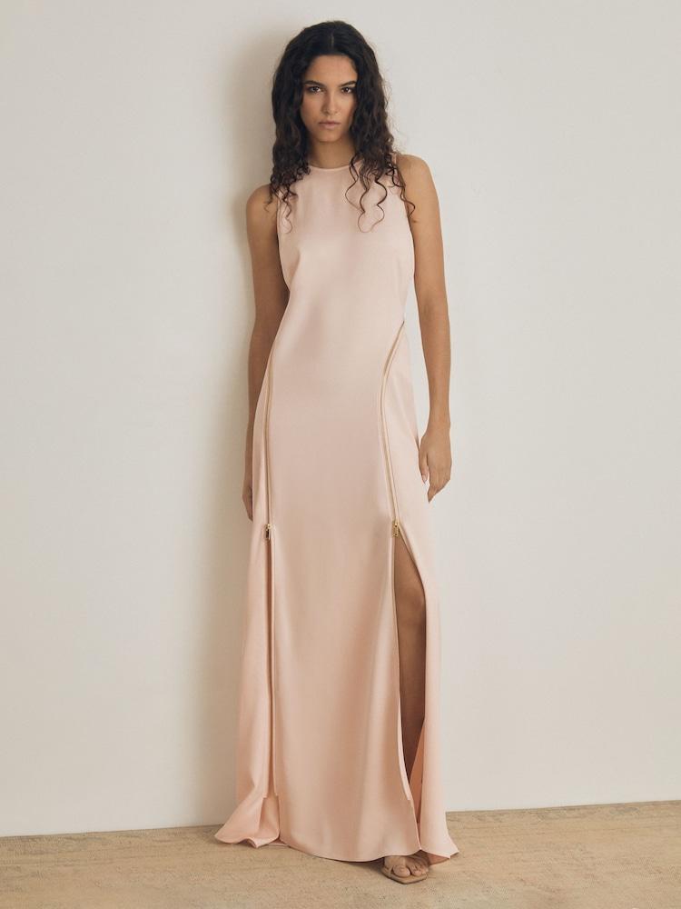 reiss Atelier Zipped Satin Maxi Dress with Virgin Wool in Pink