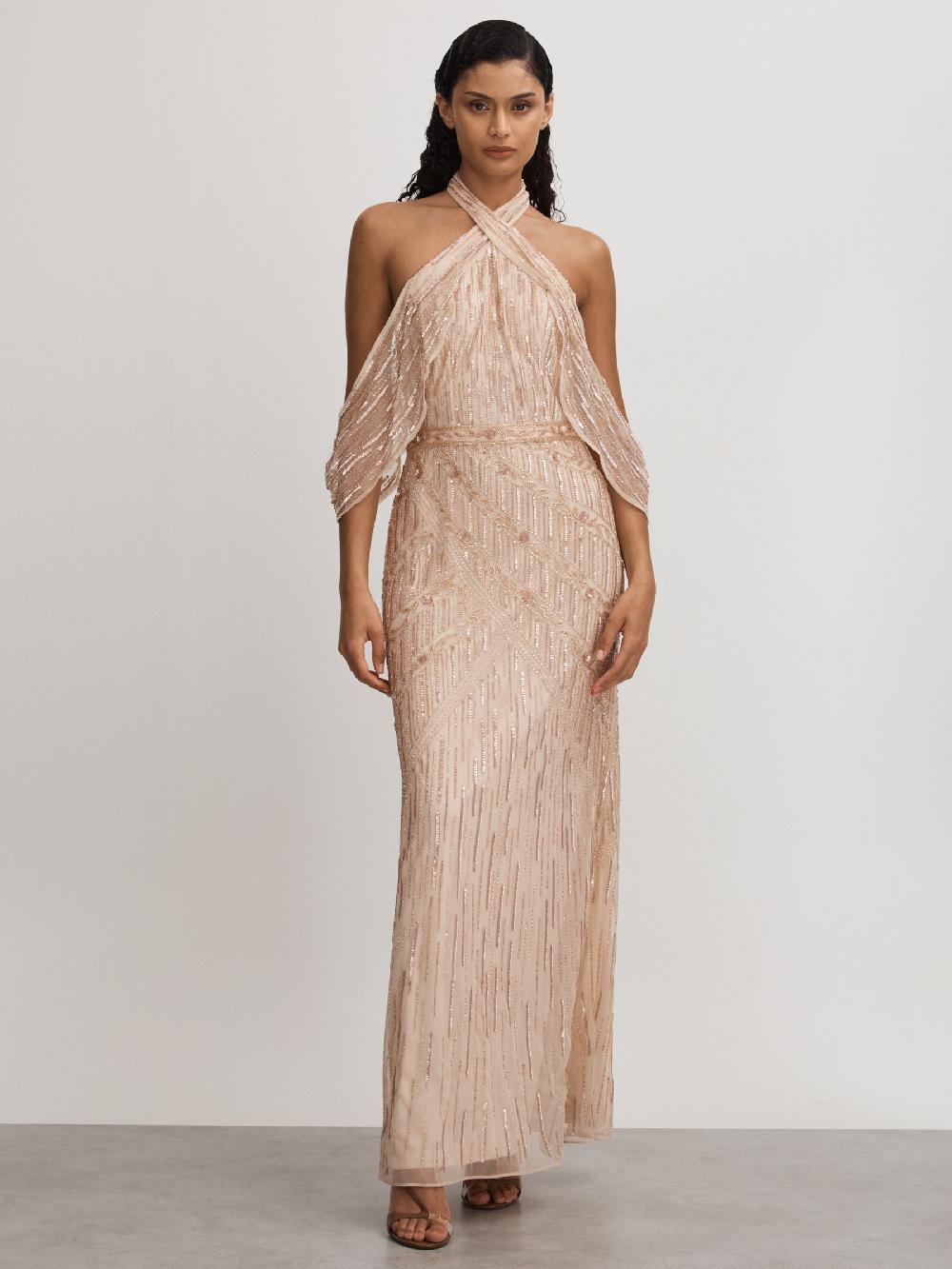 Reiss Ava Nude Raishma Nude Embellished Cross Front Maxi Dress
