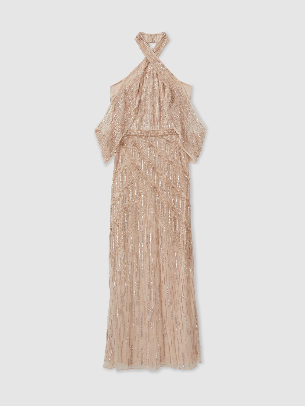 Reiss Ava Nude Raishma Nude Embellished Cross Front Maxi Dress