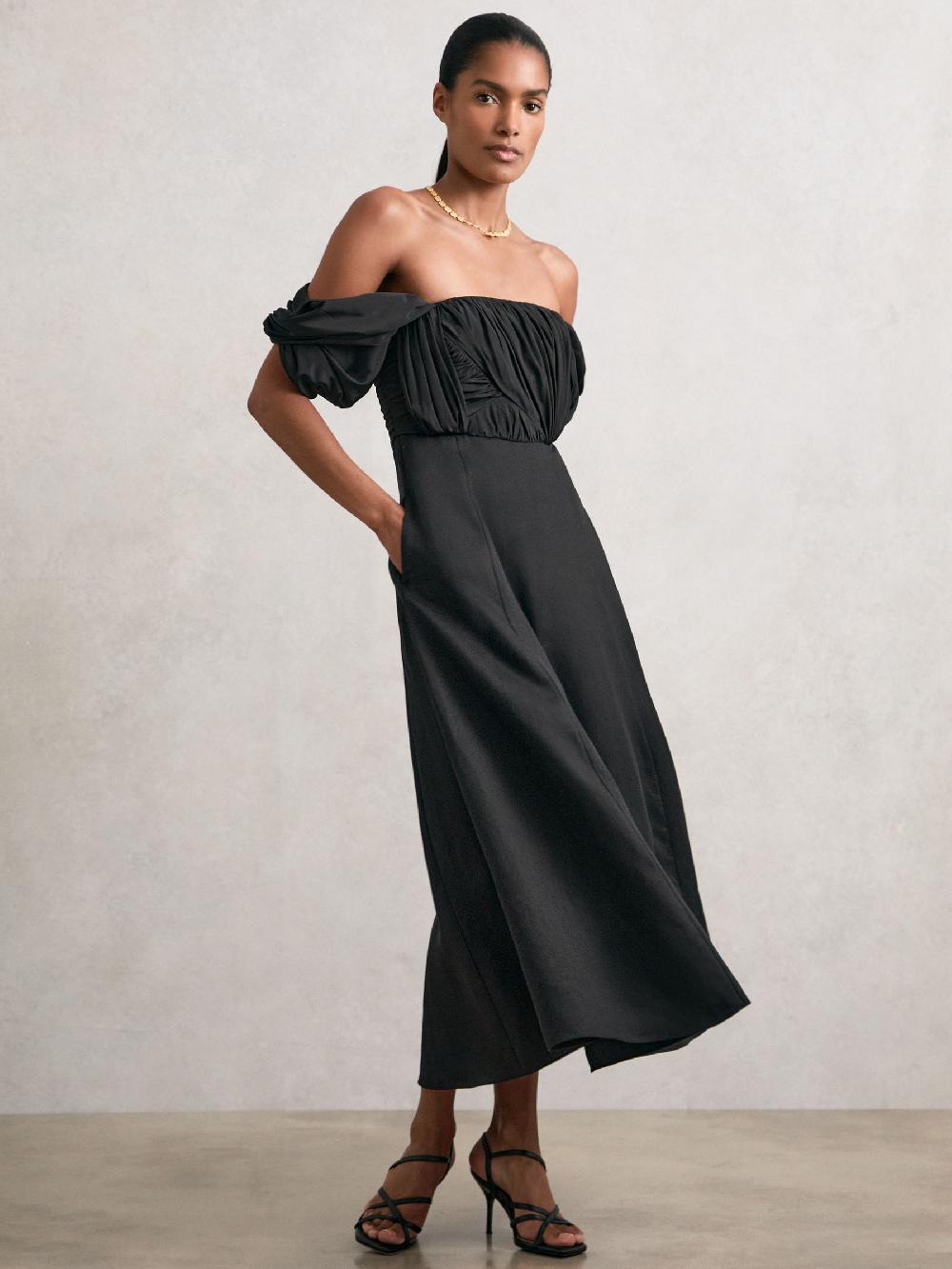 Reiss Bardot Sculpted Bodice Midi Dress With Linen In Black