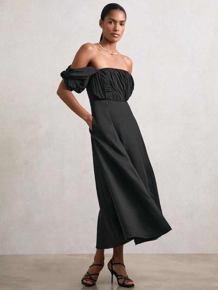 reiss Bardot Sculpted Bodice Midi Dress With Linen in Black
