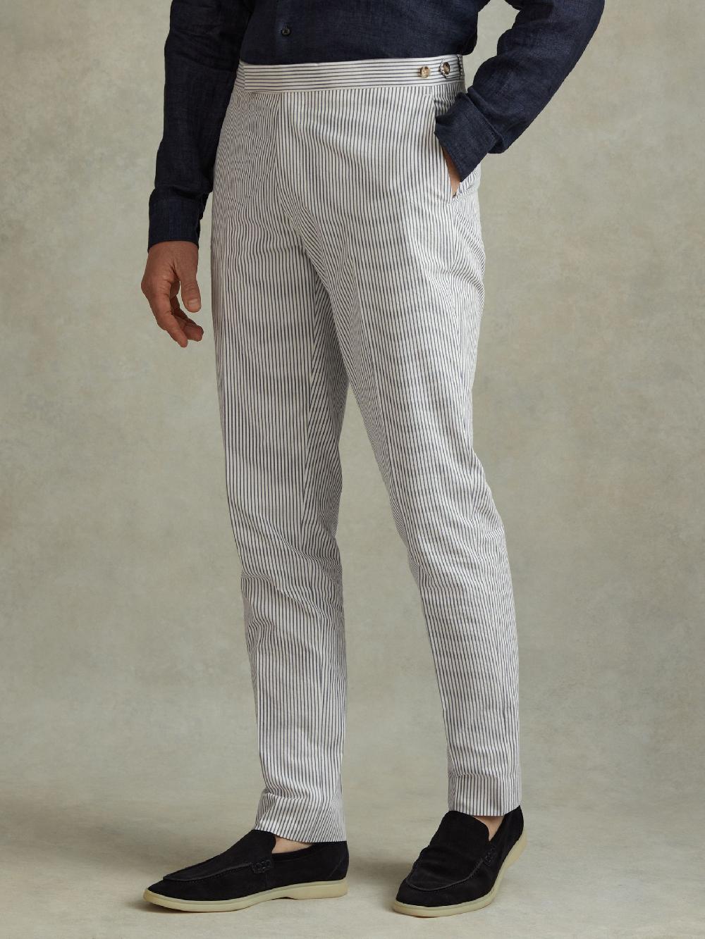 Reiss Barr Soft Blue/White Cotton Seersucker Adjuster Slim Fit Trousers