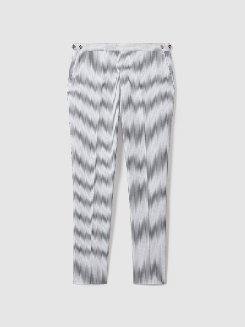 Reiss Barr Soft Blue/White Cotton Seersucker Adjuster Slim Fit Trousers