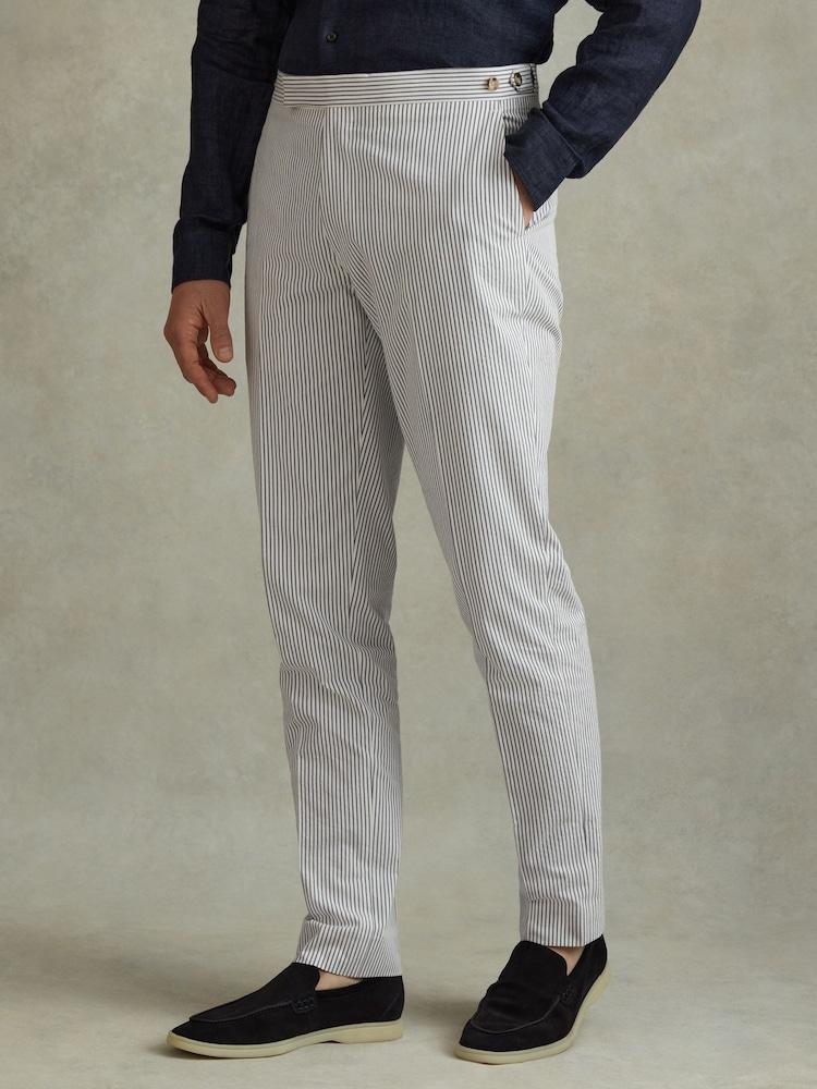 reiss Barr Soft Blue/White Cotton Seersucker Adjuster Slim Fit Trousers
