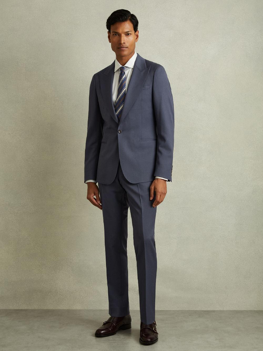 Reiss Bartley Airforce Blue Textured Wool Single Breasted Slim Fit Blazer