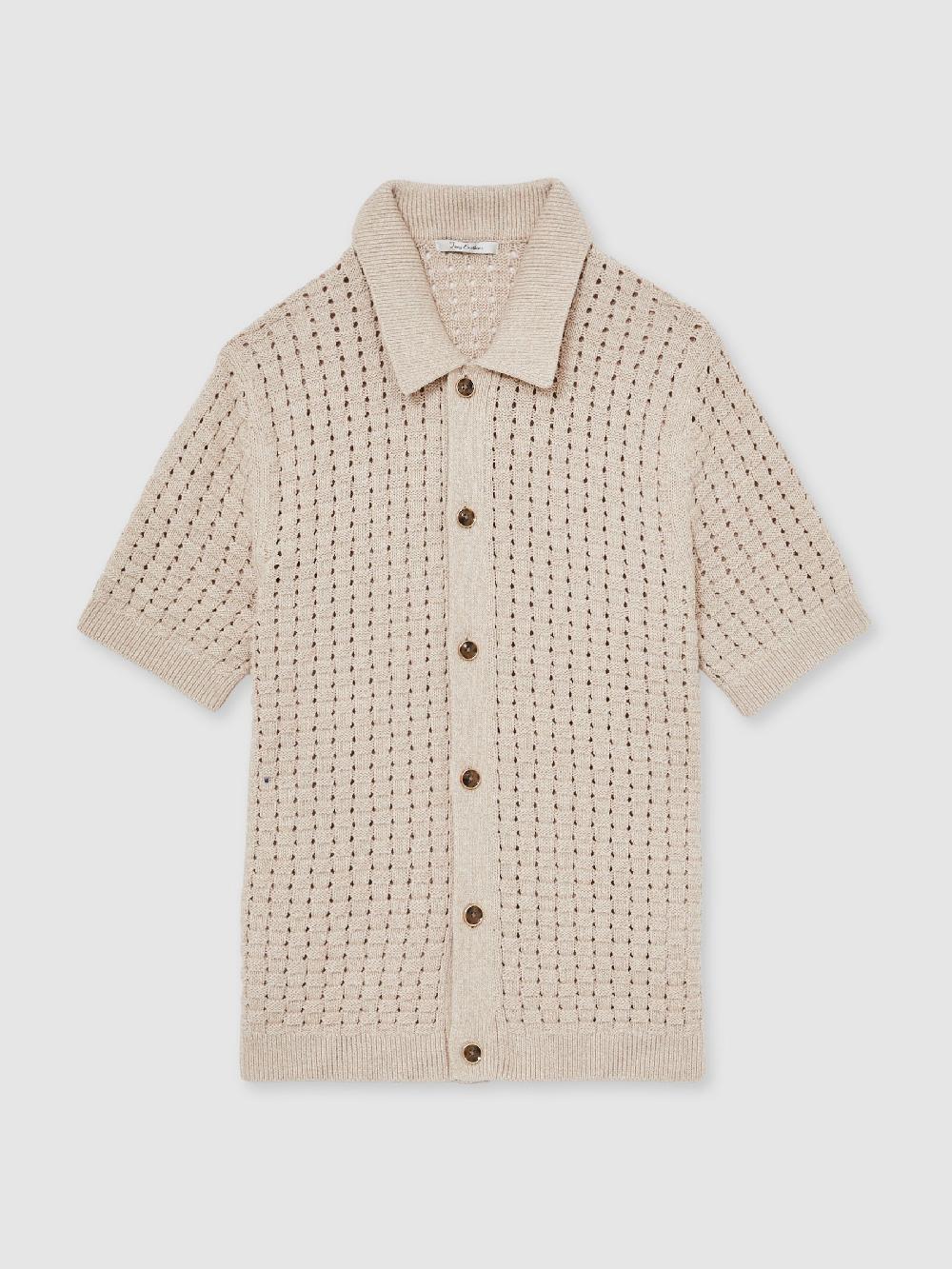 Reiss Basketweave Knit Button Through Cotton Blend Shirt In Stone