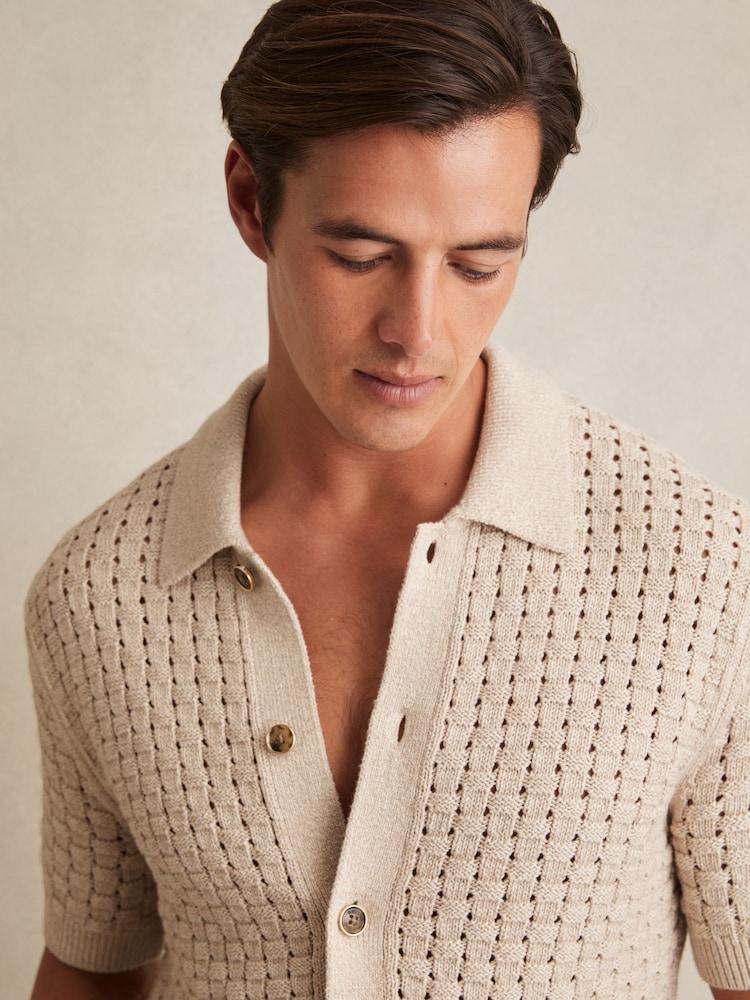 reiss Basketweave Knit Button Through Cotton Blend Shirt in Stone