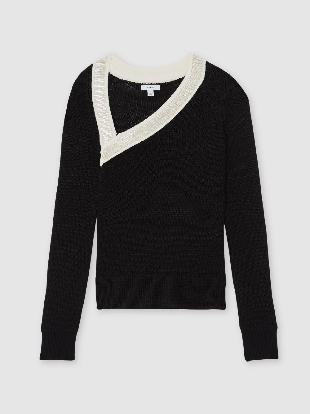 Reiss Bead-Detail Asymmetric Knit Jumper In Black/White