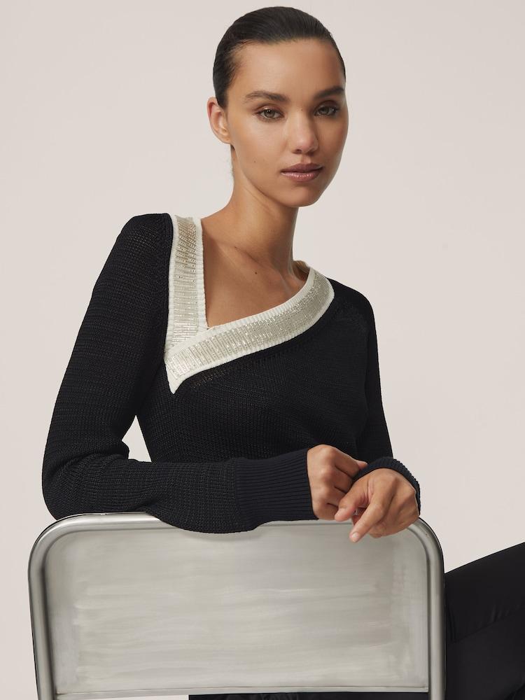 reiss Bead-Detail Asymmetric Knit Jumper in Black/White