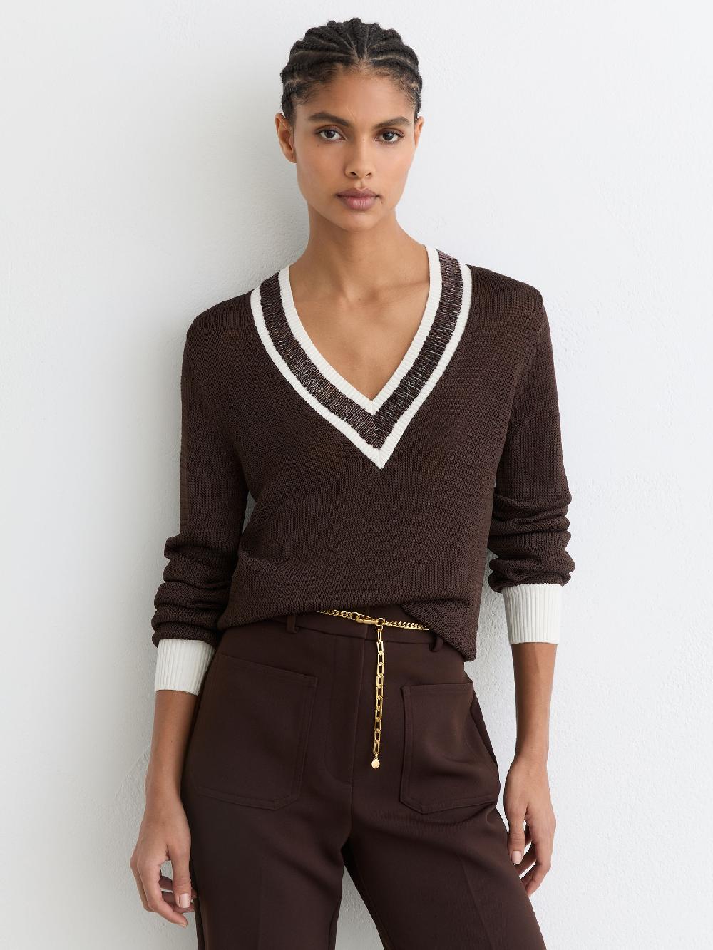 Reiss Bead-Detail V-Neck Knitted Jumper In Chocolate Brown
