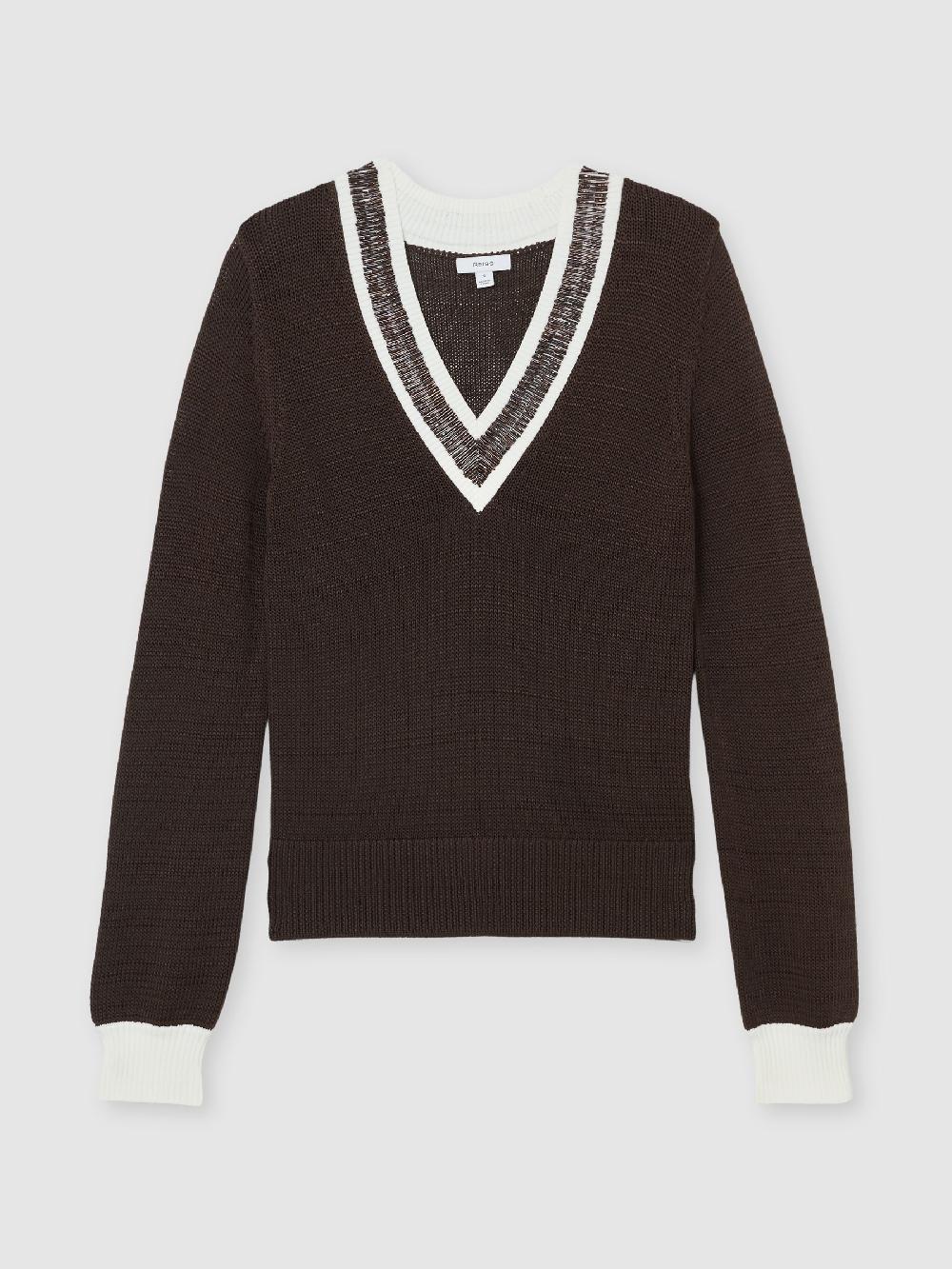 Reiss Bead-Detail V-Neck Knitted Jumper In Chocolate Brown