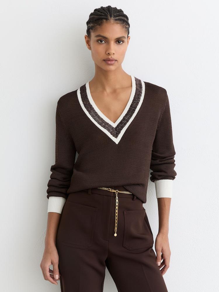 reiss Bead-Detail V-Neck Knitted Jumper in Chocolate Brown