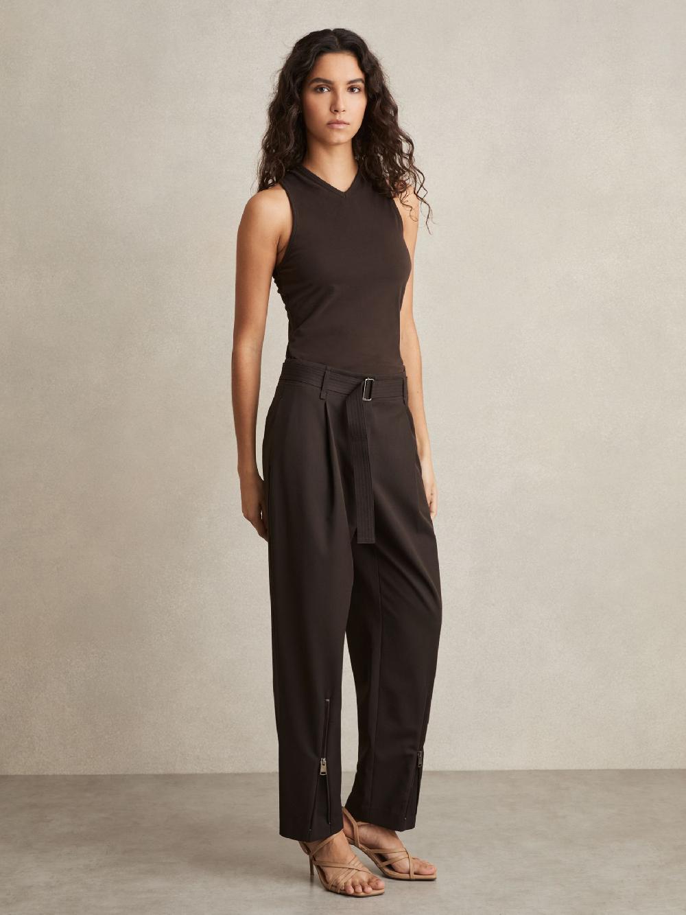 Reiss Belted Zip-Leg Tapered Trousers In Chocolate Brown