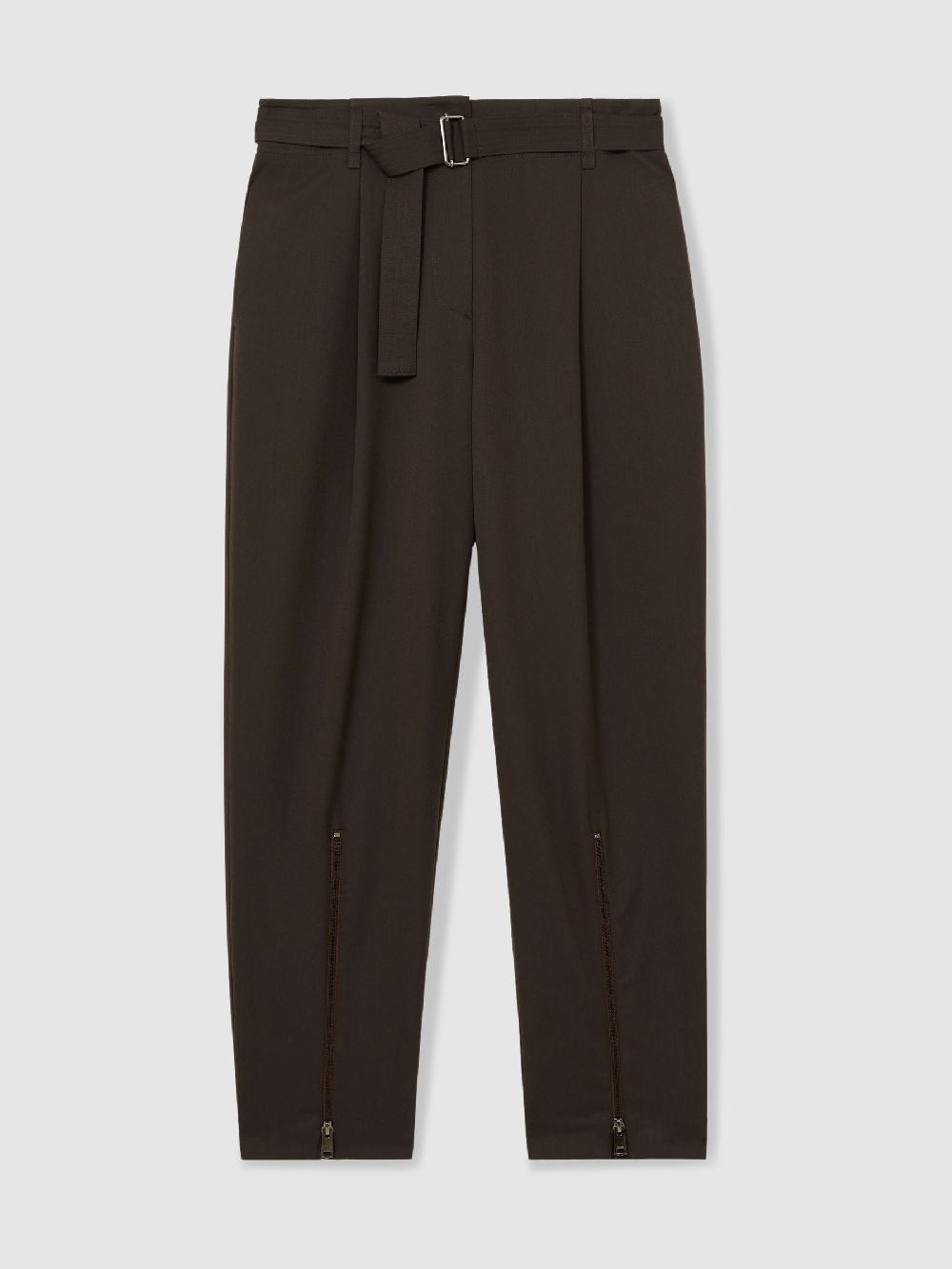 Reiss Belted Zip-Leg Tapered Trousers In Chocolate Brown