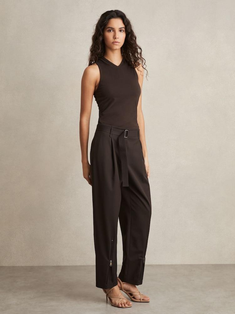 reiss Belted Zip-Leg Tapered Trousers in Chocolate Brown