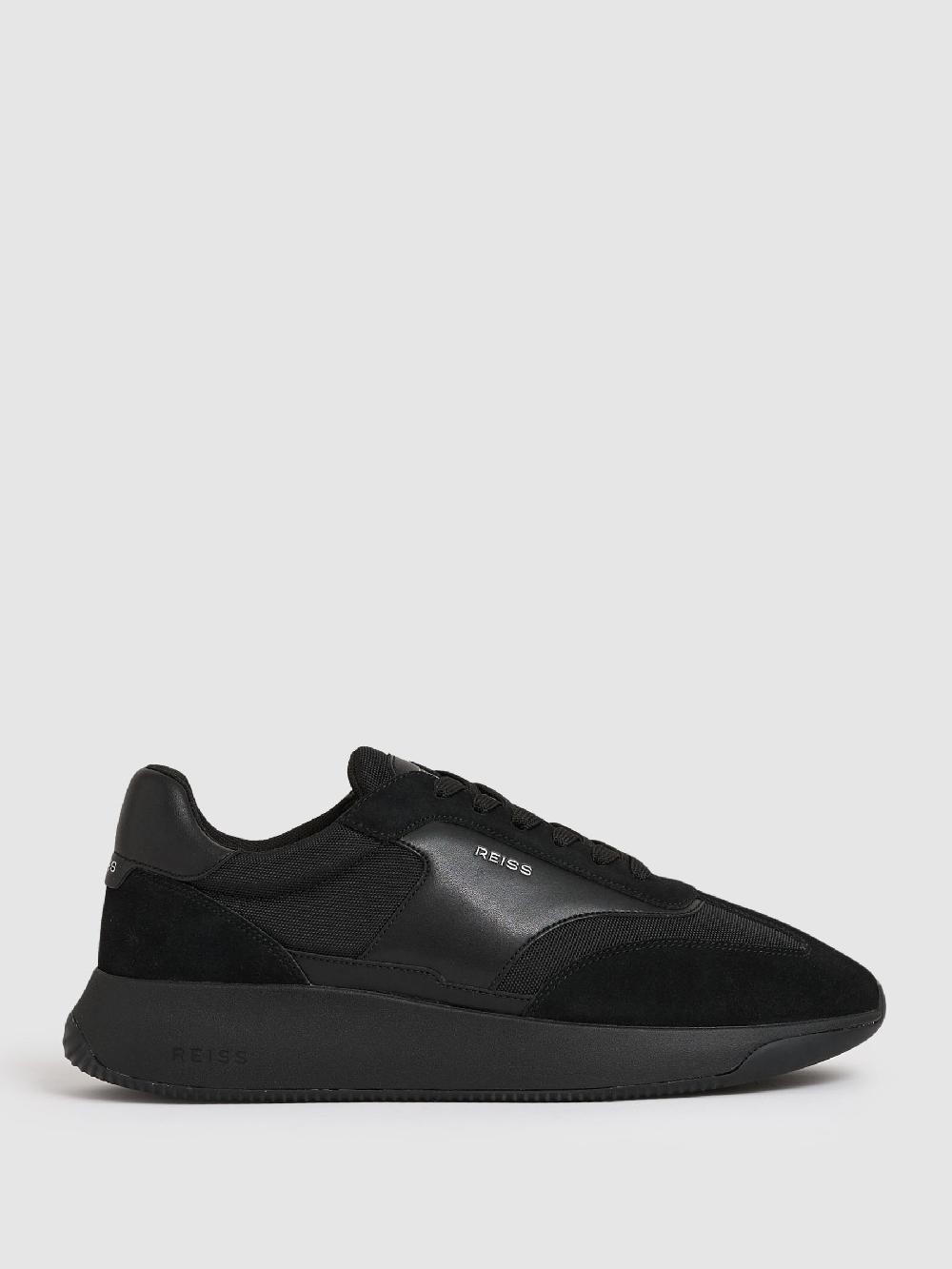 Reiss Bonded-Leather Suede Running Trainers In All Black