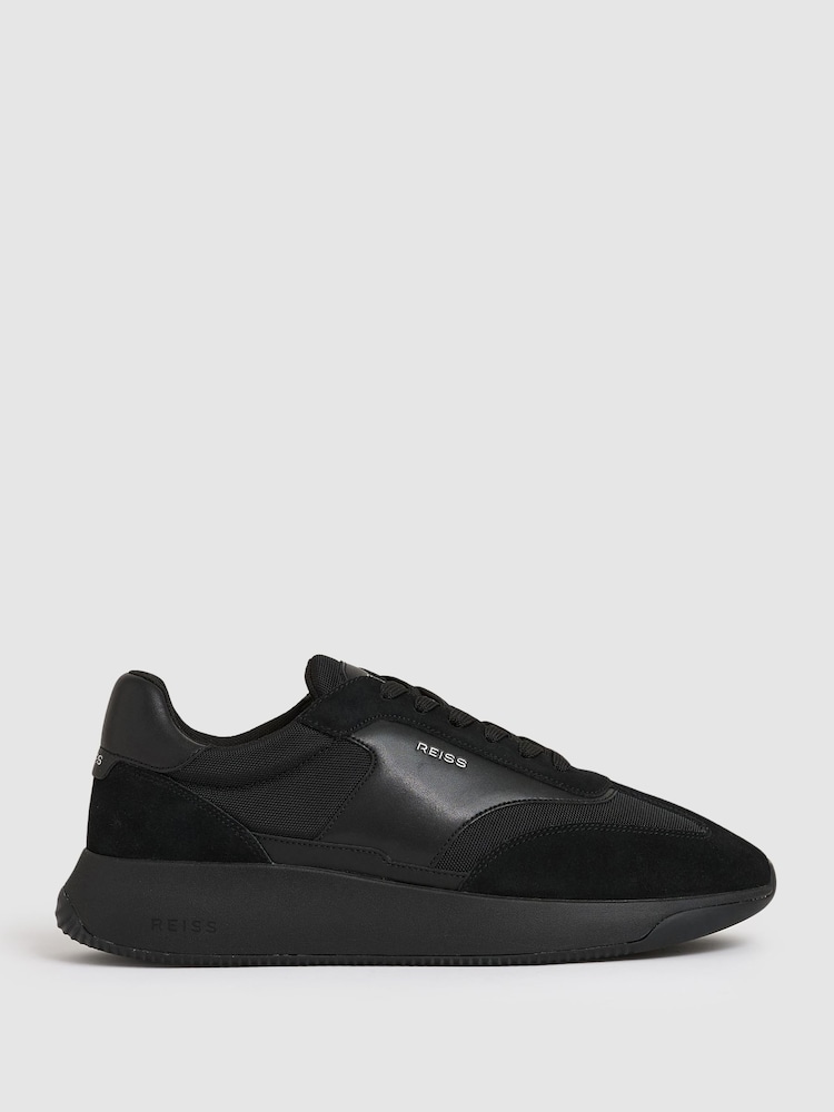 reiss Bonded-Leather Suede Running Trainers in All Black