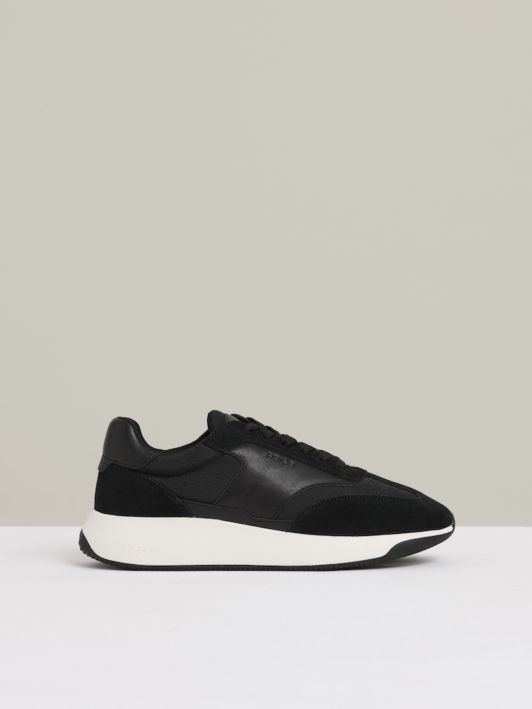 reiss Bonded-Leather Suede Running Trainers in Black/White