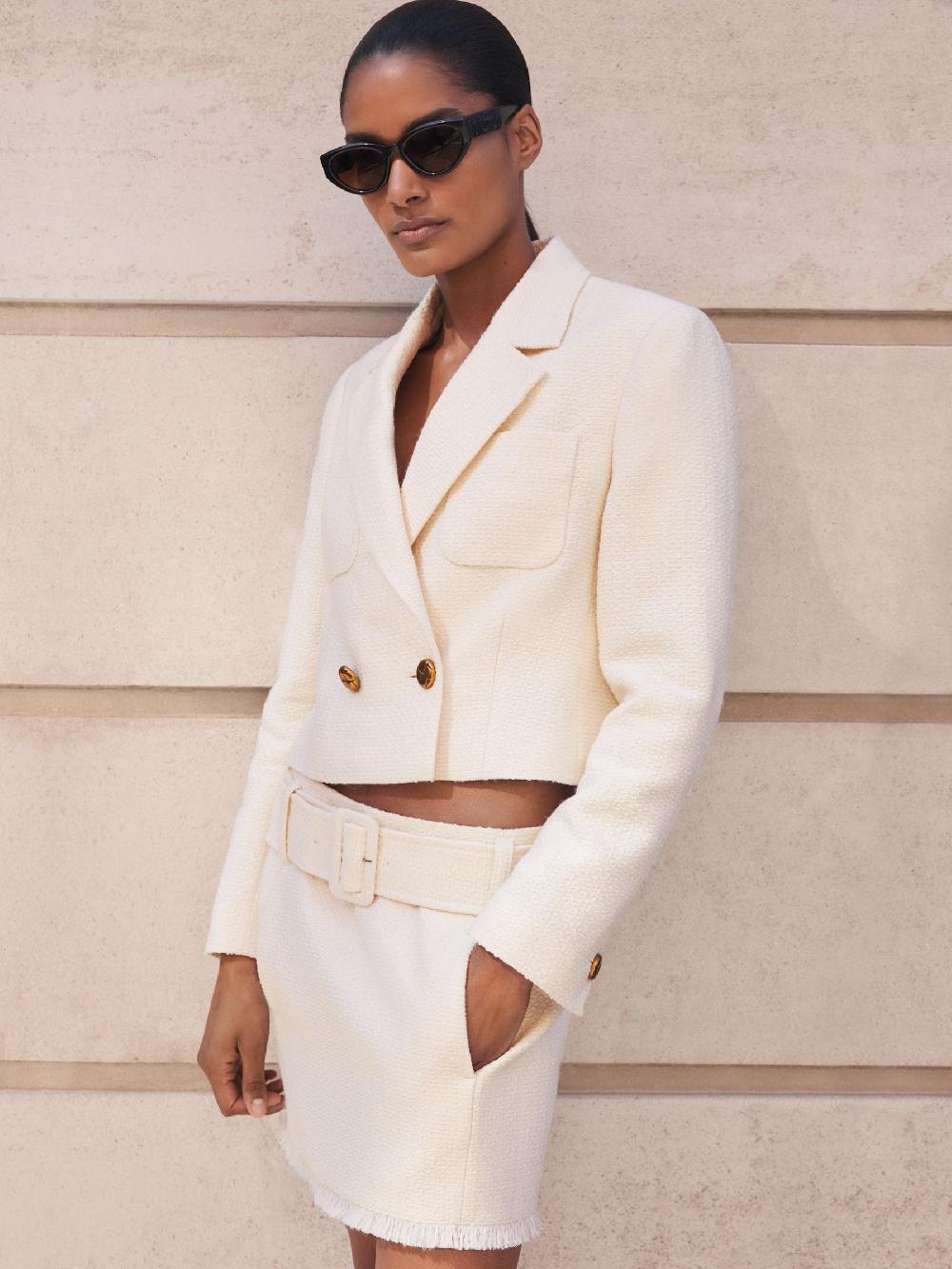 Reiss Bouclé Belted Mini Skirt With Wool And Cotton In White