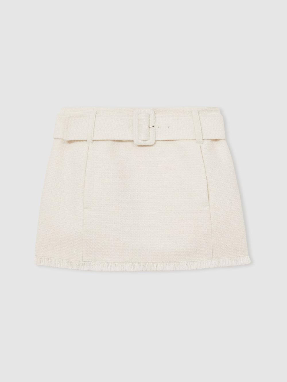 Reiss Bouclé Belted Mini Skirt With Wool And Cotton In White