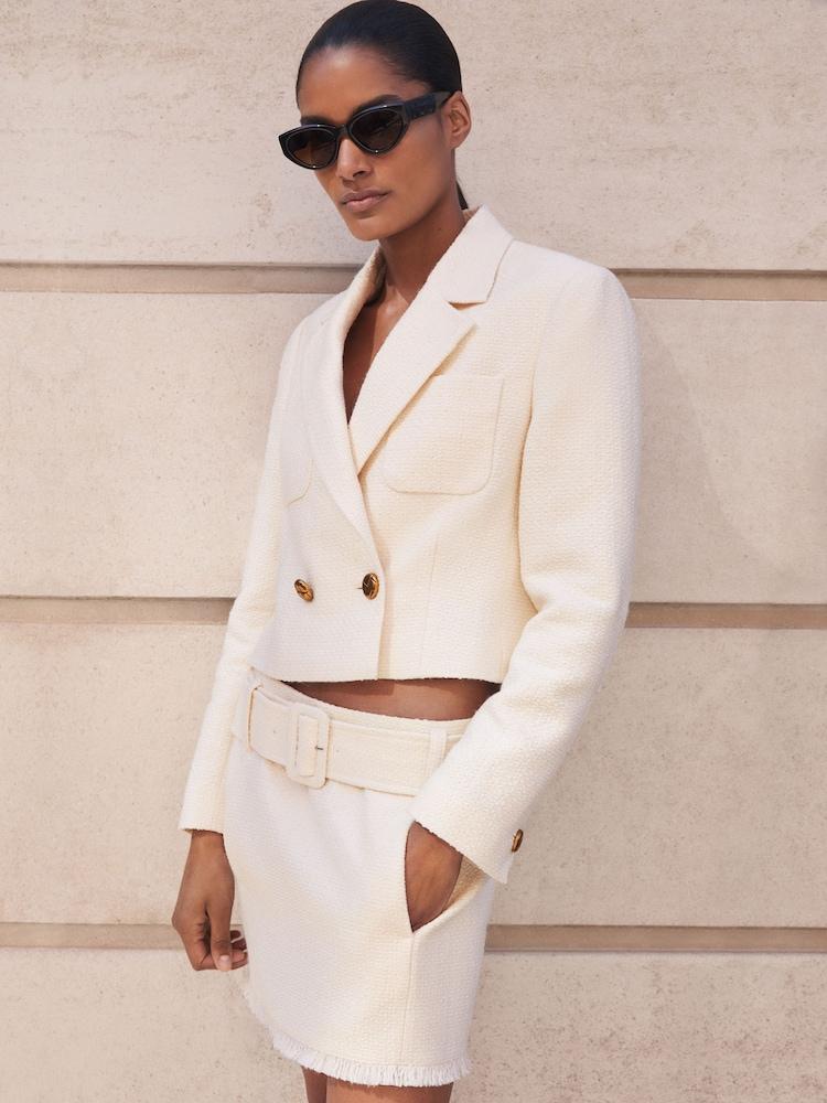 reiss Bouclé Belted Mini Skirt With Wool and Cotton in White