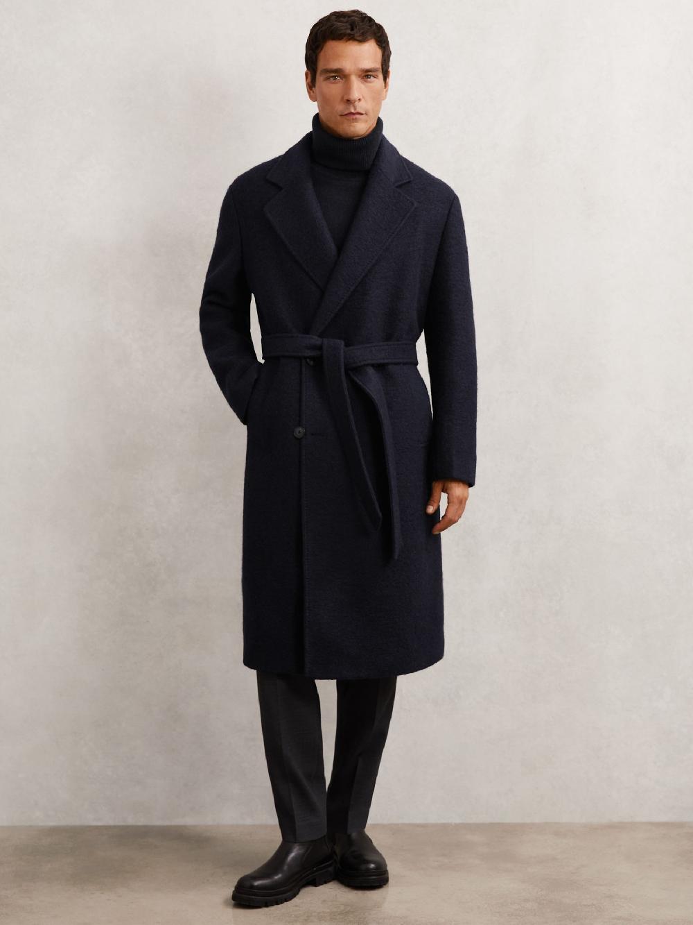 Reiss Bouclé Double-Breasted Overcoat Wool-Blend In Navy