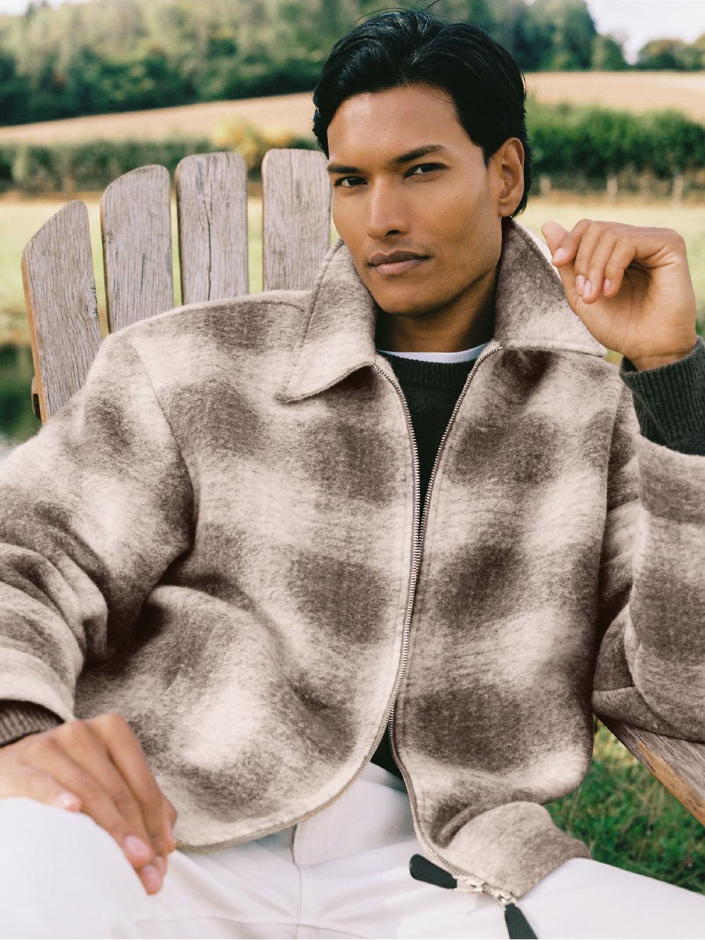 Reiss Brushed Check Zip-Through Overshirt With Wool In Ecru/Brown