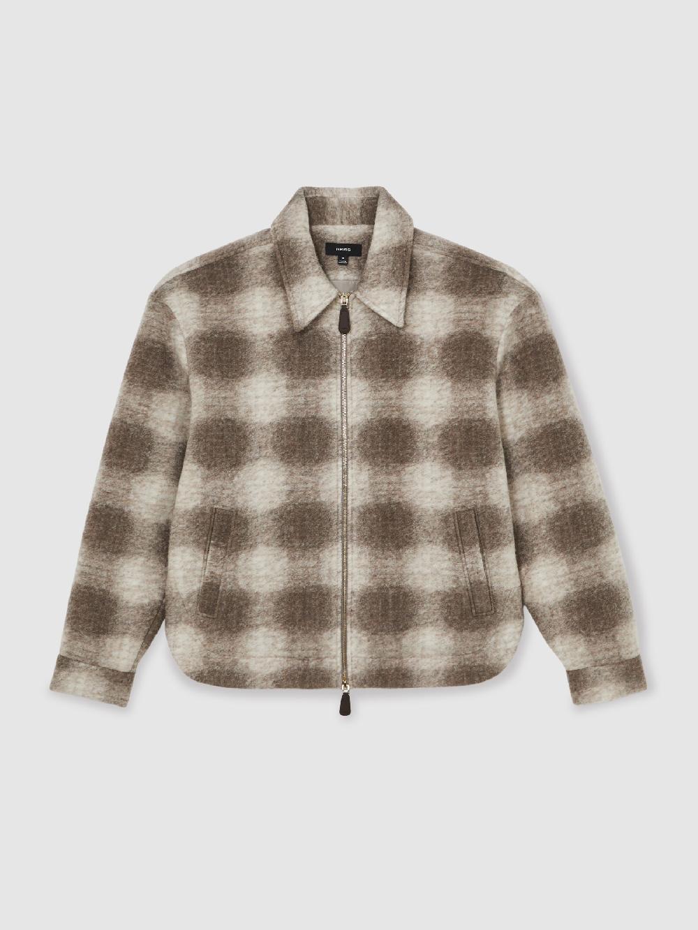 Reiss Brushed Check Zip-Through Overshirt With Wool In Ecru/Brown