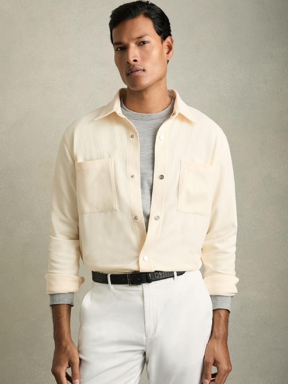 Reiss Brushed Corduroy Press-Stud Overshirt In Off White