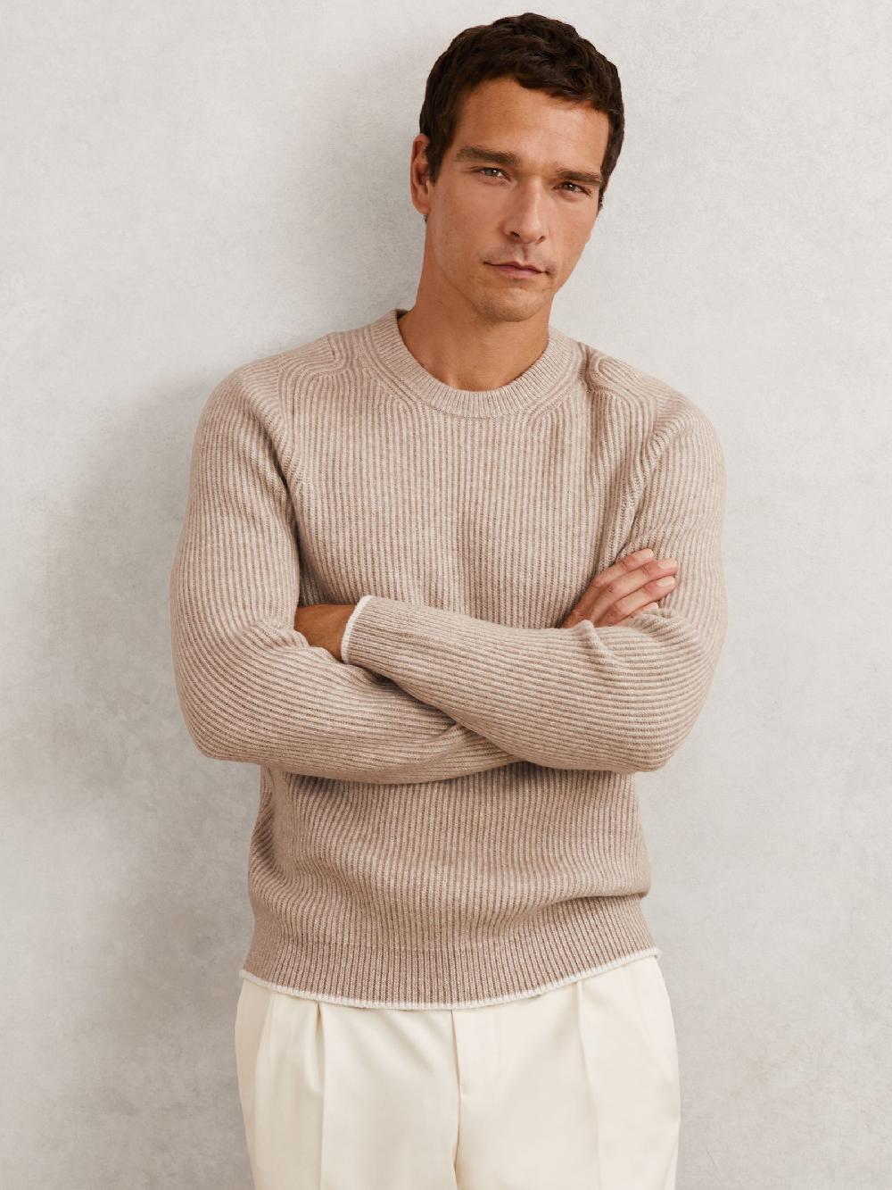 Reiss Brushed Rib-Knit Crew-Neck Jumper With Wool In Oatmeal Brown