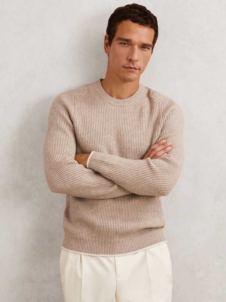 reiss Brushed Rib-Knit Crew-Neck Jumper with Wool in Oatmeal Brown