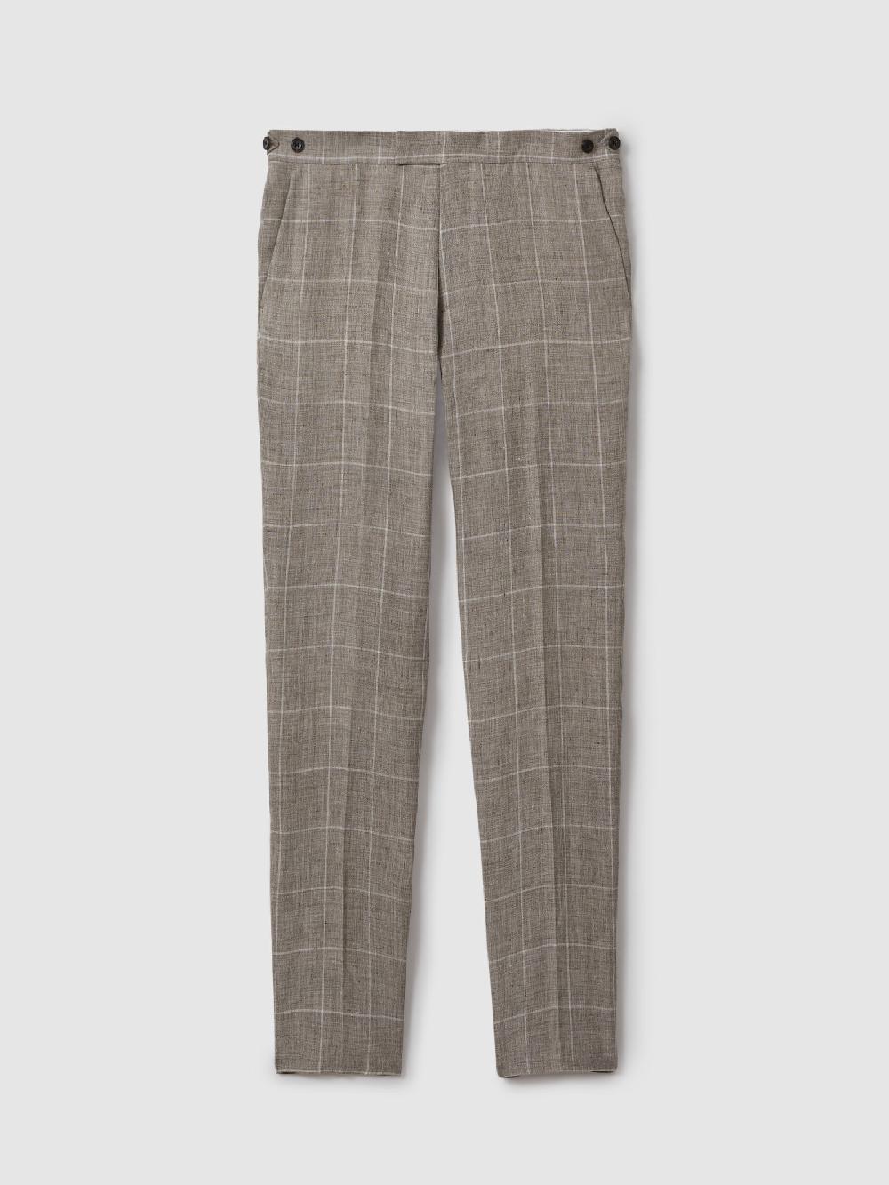 Reiss Burgess Light Taupe 100% Linen Side Adjuster Check Slim Fit Trousers