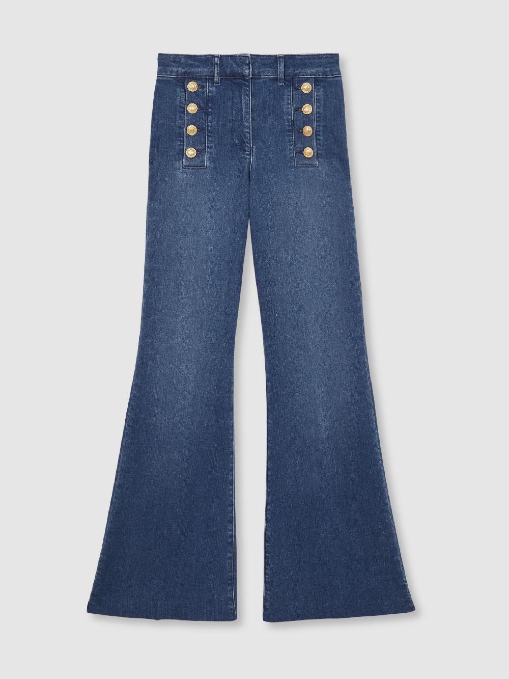 Reiss Button-Detail High-Rise Flared Jeans In Mid Blue