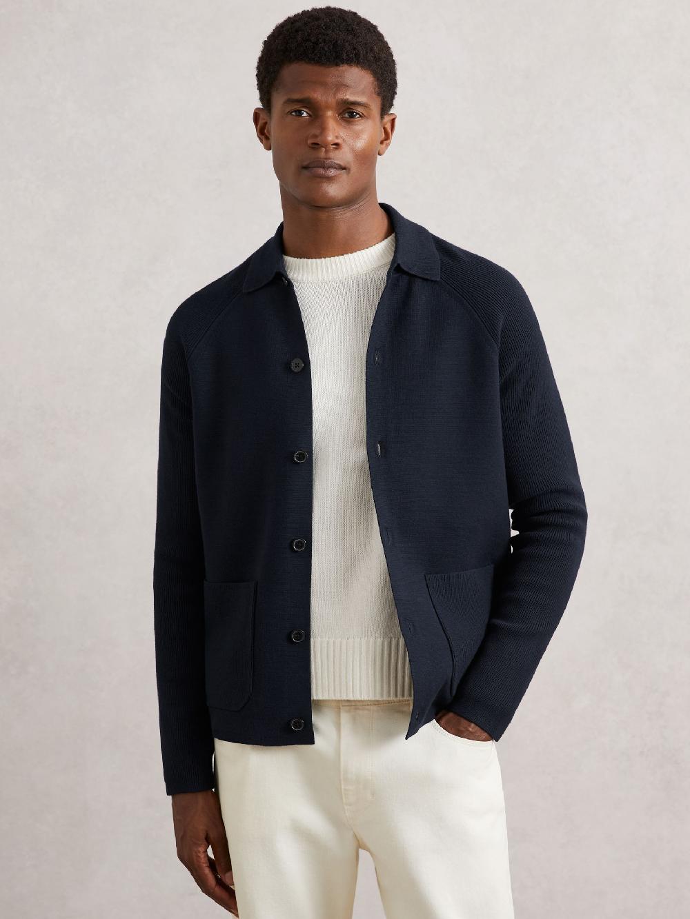 Reiss Button-Through Cardigan With Pockets In Navy Blue