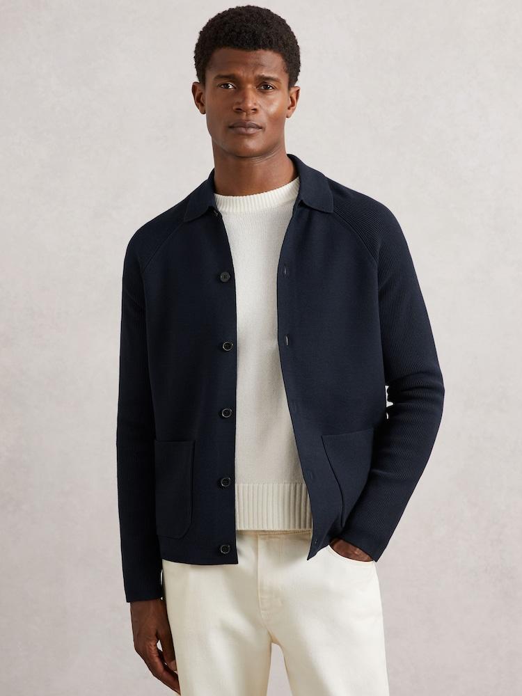 reiss Button-Through Cardigan with Pockets in Navy Blue